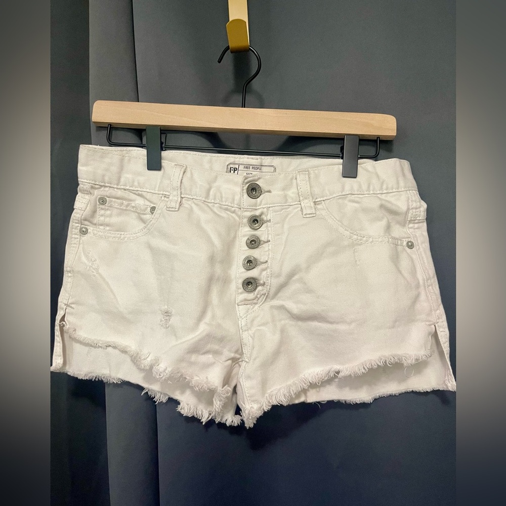 Free People Shorts Womens 25 Button Fly Distressed Raw Hem Boho Festival White